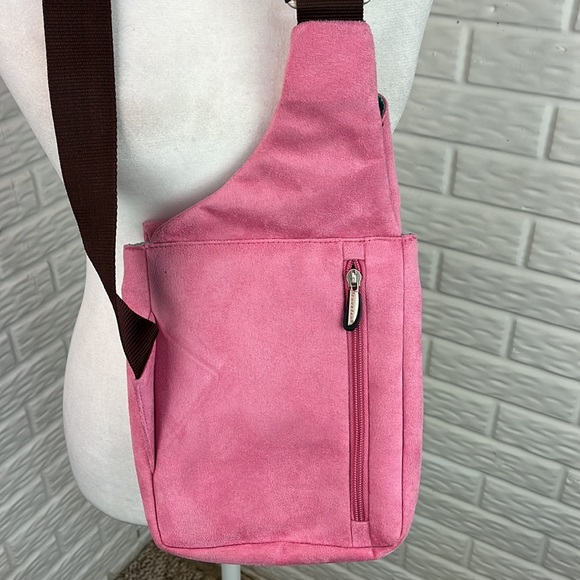 TRAVELON MESSENGER TRAVEL FAUX PINK SUEDE NYLON BAG - Picture 8 of 16